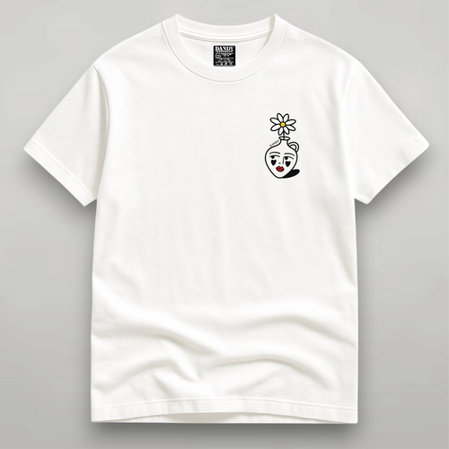 DANDY Daisy Face Art T-Shirt – Maglietta Unisex in Cotone Premium con Grafica Minimal Flower Vase